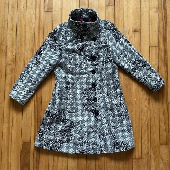 Desigual Checkered Long Trench Coat Size Medium Houndstooth Womens red lining - Picture 2 of 12